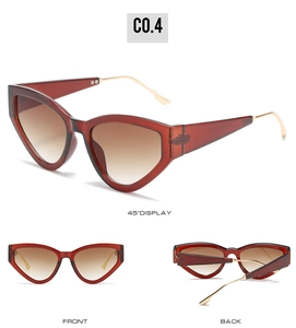 Three-angle view of cat-eye sunglasses with dark amber frames and gold metal temples