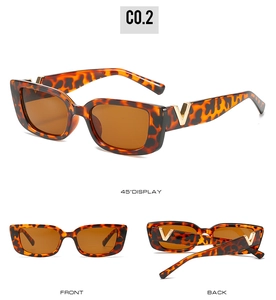 Three-angle display of square tortoiseshell sunglasses with gold V-shape metal temple detail
