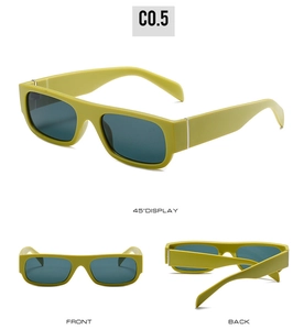 Detailed views of vintage small frame rectangular olive green sunglasses from three angles