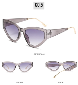 Three-view display of cat-eye sunglasses with transparent grey-purple frames and gold temples