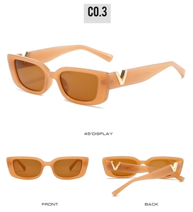 Detailed views of peach square sunglasses with tinted lenses and gold V logo