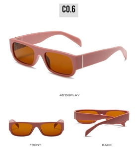 Retro small square sunglasses with pink matte frame and orange lenses from various angles