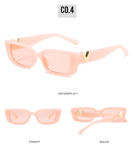 Three-angle views of peach pink rectangular sunglasses featuring gold V-shaped temple accents