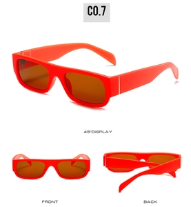Multi-angle views of retro small rectangular red sunglasses with orange lenses and metal hinges