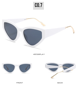 Macro view of white cat-eye sunglasses featuring gold metal temples and dark gray lenses