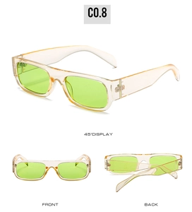 Three-angle views of champagne rectangular sunglasses with vibrant green lenses