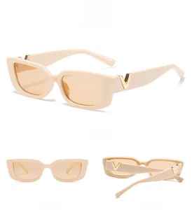 Detailed views of square frame sunglasses featuring golden V metal logo on temples