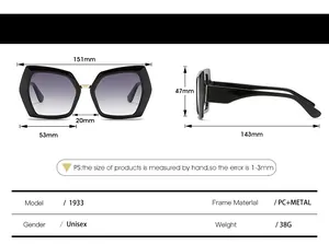 Detailed size chart for polygon oversized sunglasses showing frame dimensions and PC material