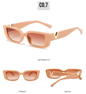 Three-view display of peach square sunglasses with gold V logo and brown gradient lenses
