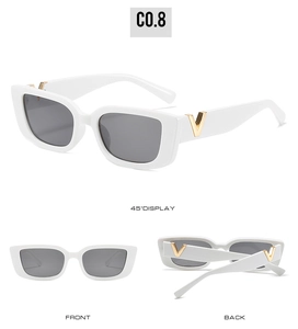 Detailed views of white square sunglasses with gold V-metal decor and grey lenses