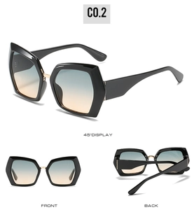 Three-view display of black hexagonal sunglasses with blue-orange gradient lenses