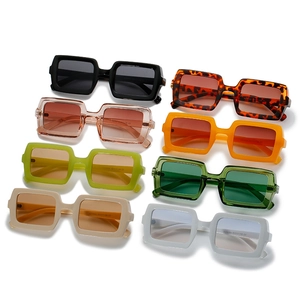 Eight pairs of wide-frame square sunglasses in assorted candy colors with thick frames
