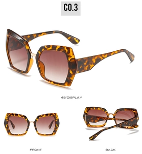 Three-way view of retro large hexagonal sunglasses in tortoise shell frame with brown lenses