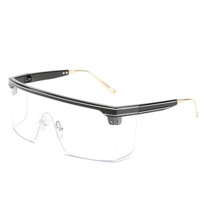 Modern oversized shield sunglasses with black top frame and thin gold metal temples