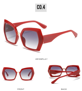 Polygonal red sunglasses with gradient lenses shown from front, back and 45-degree angles