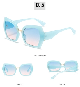 Three angles of geometric cat-eye sunglasses with mint green frame and gradient lenses