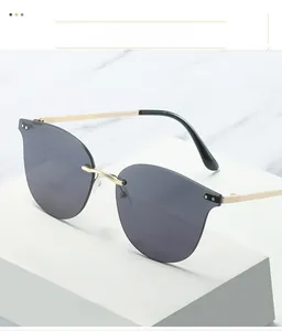 Detailed close-up of rimless sunglasses with gold metal frame and gray resin lenses