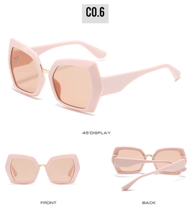 Three-view display of polygonal pink sunglasses with light orange lenses and frame details