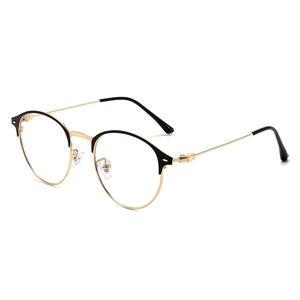 Monture de lunettes rétro ronde en métal noir et or avec verres anti-lumière bleue