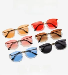 Detailed showcase of six colorful rimless sunglasses with gold metal bridge and temples