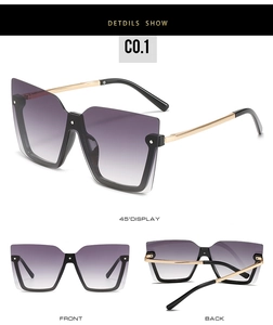 Detailansichten der halbrandlosen quadratischen Sonnenbrille mit lila Verlaufsgläsern