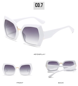 Multiple views of oversized white geometric sunglasses with purple gradient lenses
