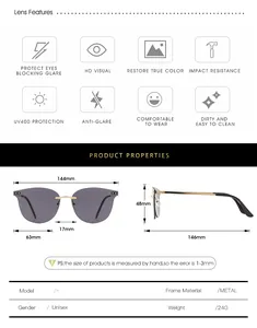 Detailed sizing chart and specifications for unisex rimless metal sunglasses with UV400