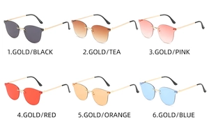 Selection of rimless cat-eye sunglasses with gold metal temples and colorful lenses
