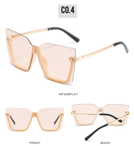 Drei Ansichten einer quadratischen Halbrand-Sonnenbrille mit goldenen Metallbügeln