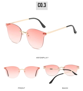 Three perspectives of rimless sunglasses featuring pink gradient lenses and metal legs