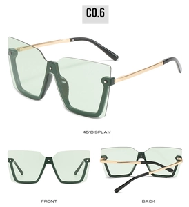 Dreiwinkel-Ansichten der halbrandlosen quadratischen Sonnenbrille mit hellgrünen Gläsern