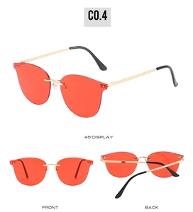 Three-view layout of rimless sunglasses with red transparent lenses and gold metal temples