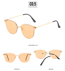 Three-angle view of rimless sunglasses with orange lenses and slim gold metal temples