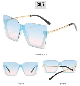 Dreiseitenansicht der quadratischen Halbrahmen-Sonnenbrille mit blau-rosa Verlaufsgläsern