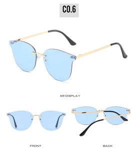 Three views of rimless sunglasses with light blue lenses and gold metal frames