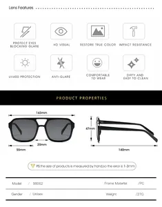 Detailed technical specification chart for square sunglasses with lens and frame dimensions