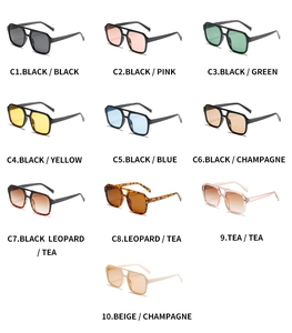 Collection of ten square double-bridge sunglasses in various frame and lens color options