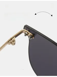 Close-up of durable metal hinges and sleek grey lenses on rimless fashion sunglasses