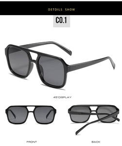 Detailed multi-angle views of black square pilot sunglasses with double bridge structure