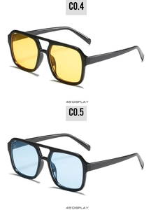 Detailed 45-degree angle display of square double bridge aviator sunglasses in blue and yellow