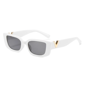 Fashionable white square sunglasses with dark lenses and gold V detail on the temples