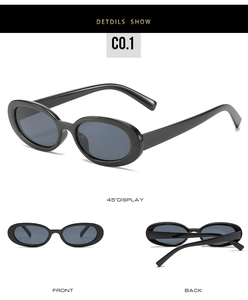 Trois vues de lunettes de soleil ovales rétro avec monture noire brillante et verres