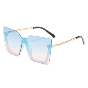 Modische quadratische Halbrand-Sonnenbrille mit blau-rosa Verlaufsgläsern und Goldmetallbügeln