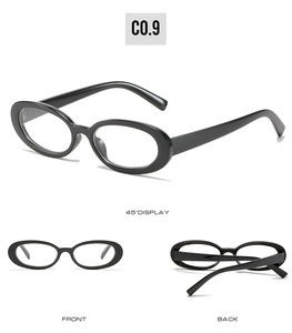Vue triple des lunettes de soleil ovales noires montrant l'avant, l'arrière et le profil