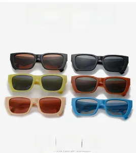 Flat lay display of thick rectangle sunglasses in six vibrant colors on white background