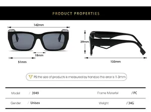 Detailed size chart for rectangular PC frame sunglasses with precise measurements
