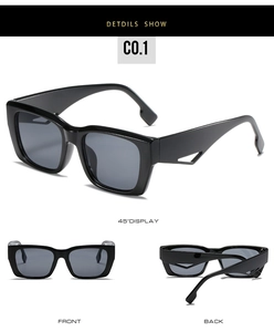 Detail view of black square sunglasses featuring geometric triangle cutout design on temples