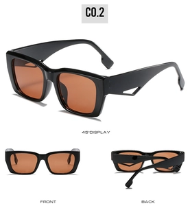 Detailed multi-angle views of square sunglasses with hollow triangular temples and brown lenses
