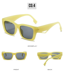 Detail view of oversized square sunglasses with thick hollow-out temples and yellow frames