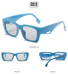 Three views of blue oversized square sunglasses with unique geometric cutout temples